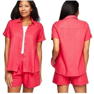 Iyla Linen Rayon Short Sleeve Blouse Relaxed Fit Pinkish Red Color